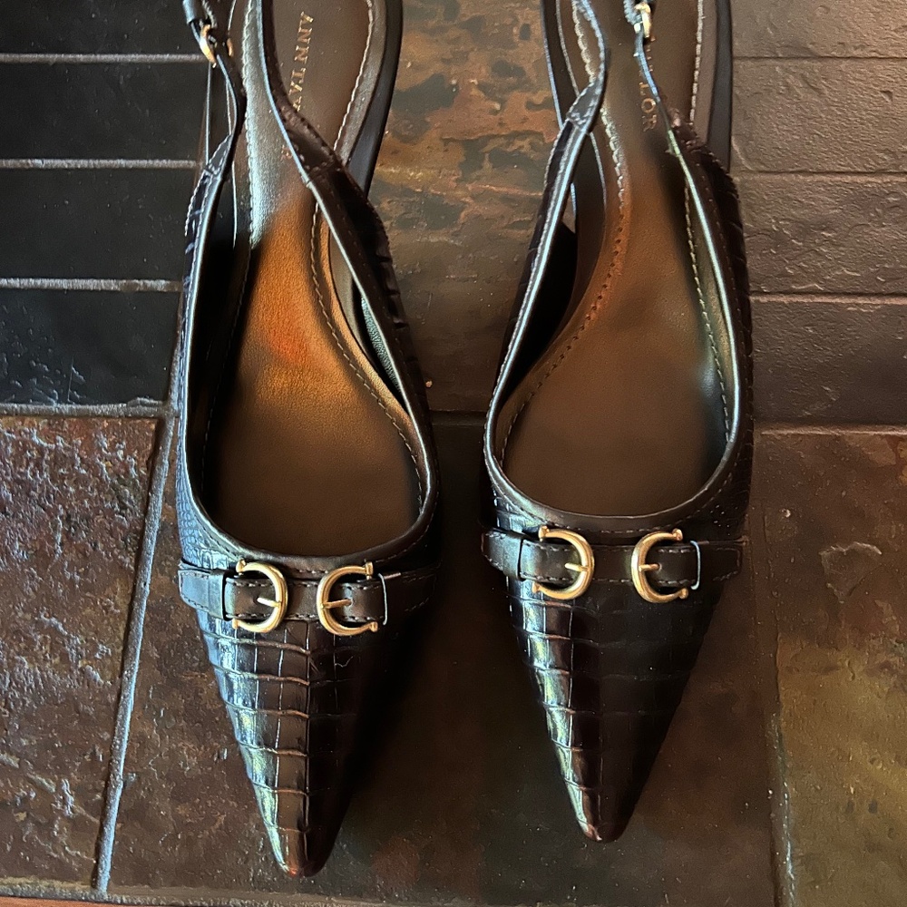 Ann Taylor Black Croc-Embossed Pointed Toe Slingbacks with Gold Buckles
